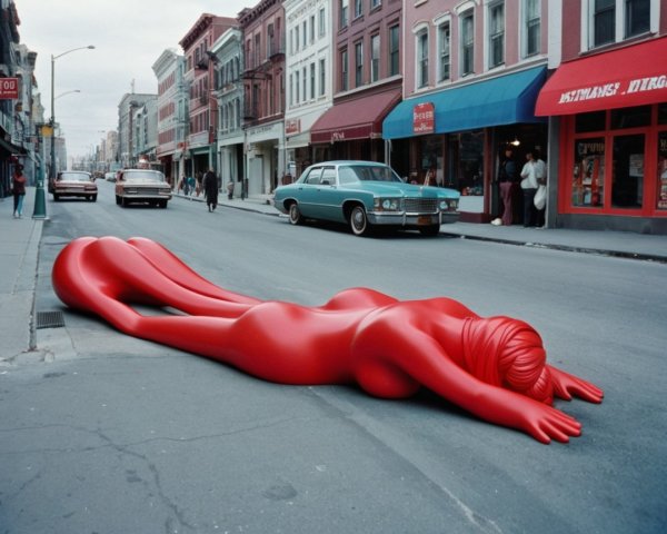 Oversized Red Female Sculpture on Urban Street