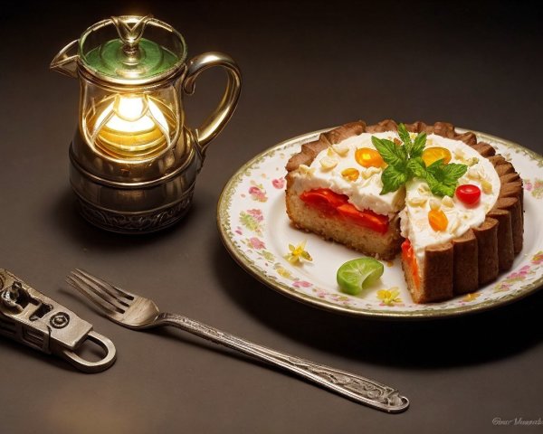 Layered cake on floral plate with lantern and fork