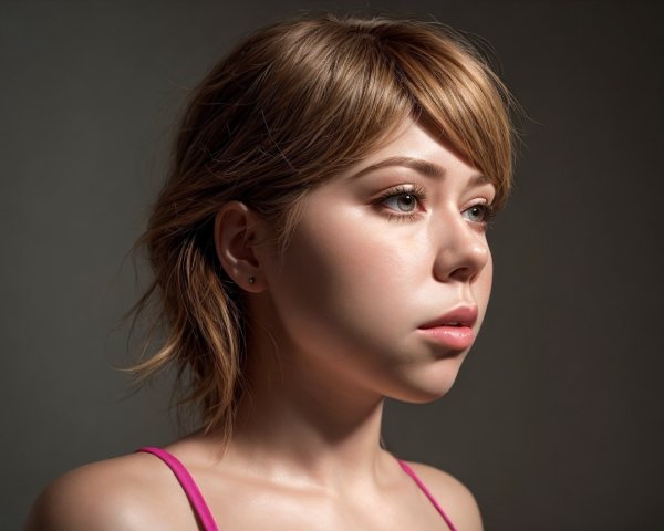 Young woman in profile with blonde hair and pink top