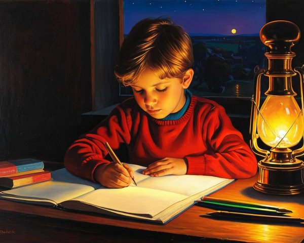 Young boy writing at desk with lantern light