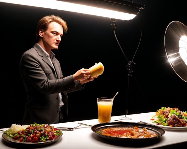 Lifelike mannequin in suit with elegant food display