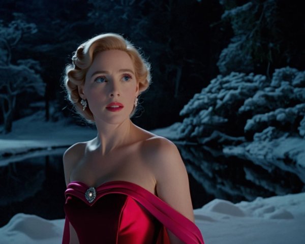 Woman in elegant red gown in snowy landscape