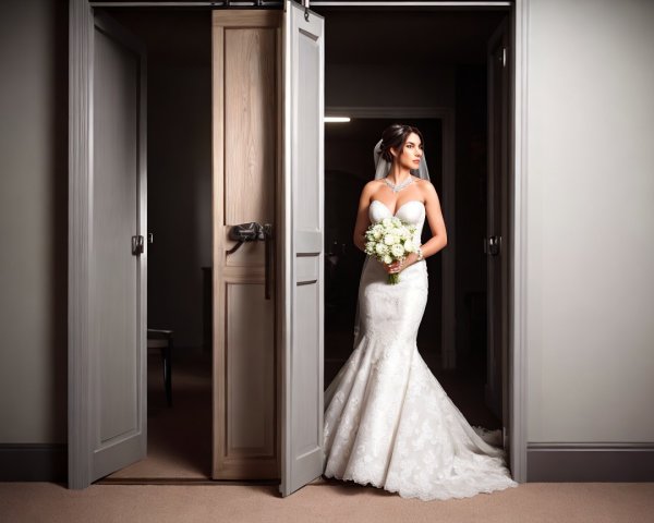 Elegant Bride in Fitted Lace Wedding Gown in Doorway