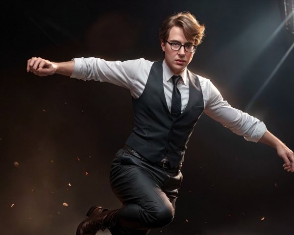 Stylish Young Man in Dynamic Pose with Dramatic Lighting