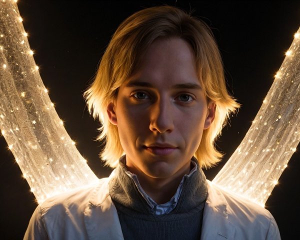 Young man in lab coat with light blonde hair and halo