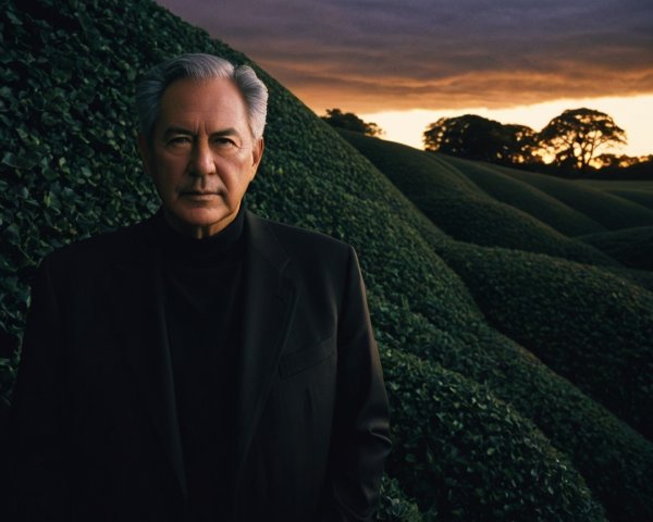 Man in Black Suit Against Sunset and Green Hills