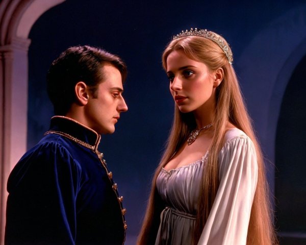 Young couple in historical attire with romantic backdrop