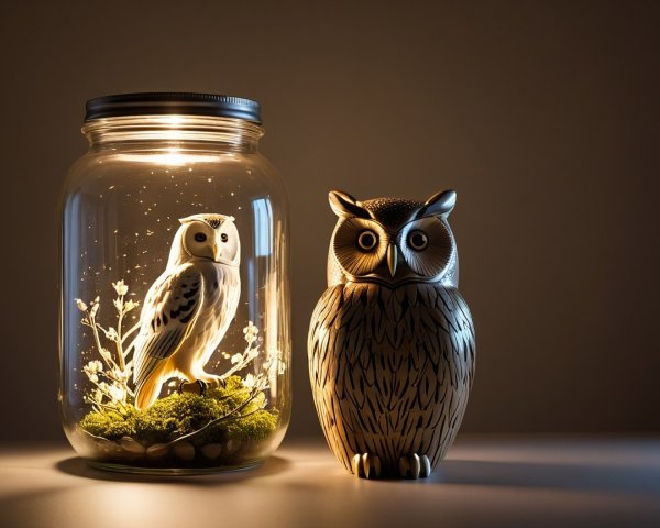 Illuminated owl figurine in glass jar with moss