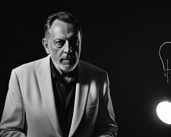 Man in White Suit Against Dark Backdrop with Spotlight