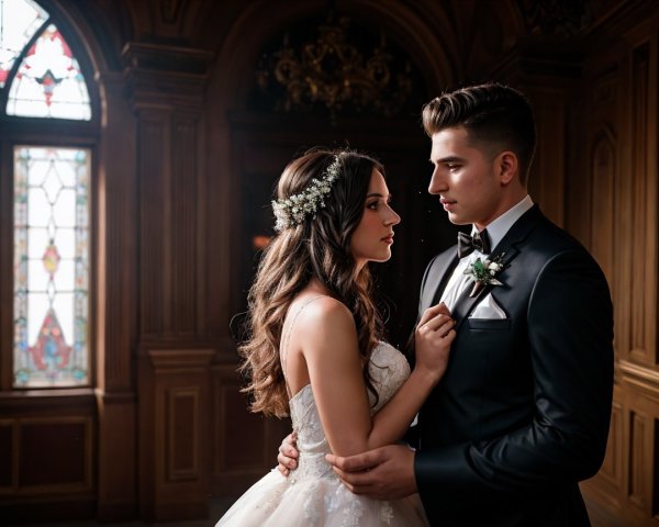 Couple in Elegant Room with Stained Glass Windows