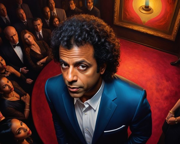Man in Blue Suit Surrounded by Captivated Crowd