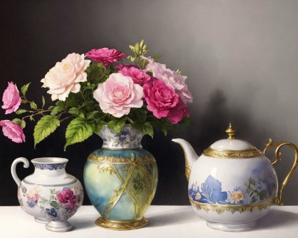 Still Life of Roses in Ornate Blue and Gold Vase