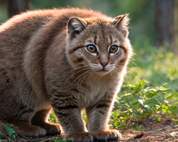 Fluffy Wildcat in Green Grass with Sunlit Fur