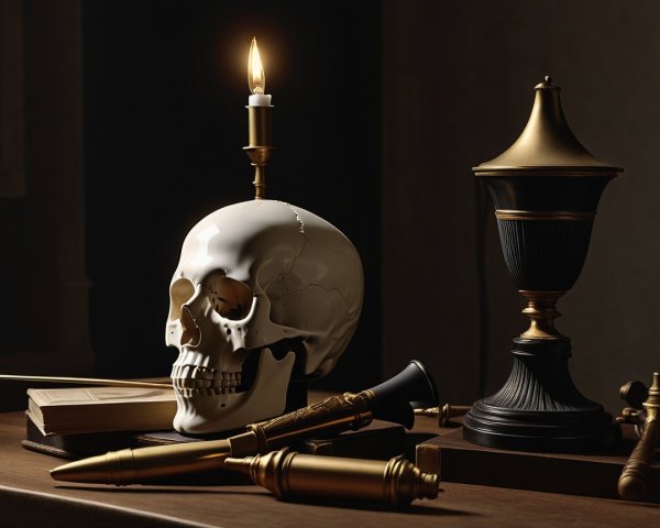 Dramatic Still Life with Skull, Candle, and Urn