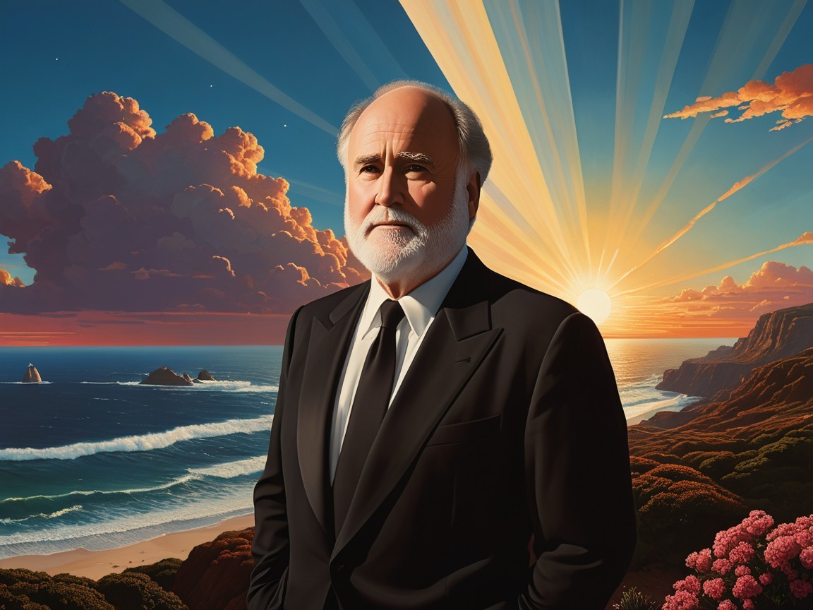 Distinguished Man in Suit on Coastal Landscape at Sunrise