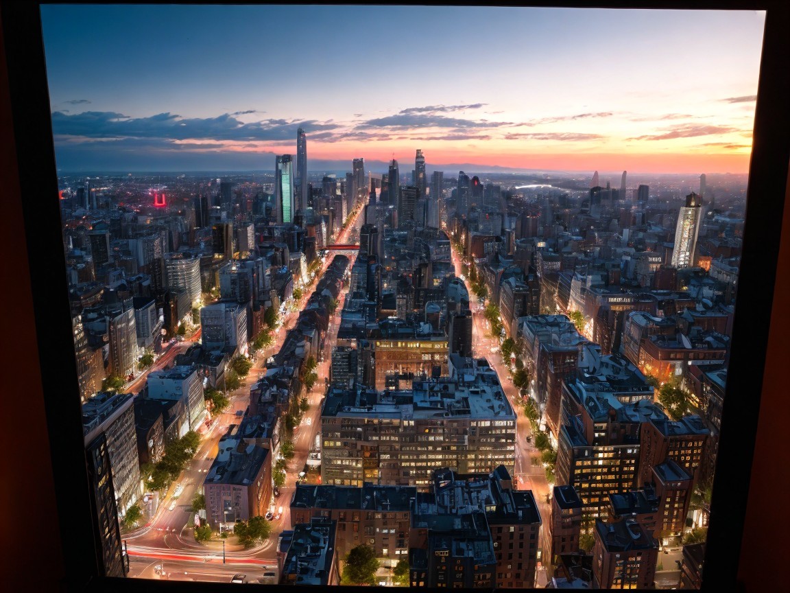 Panoramic City Skyline at Dusk with Vibrant Lights