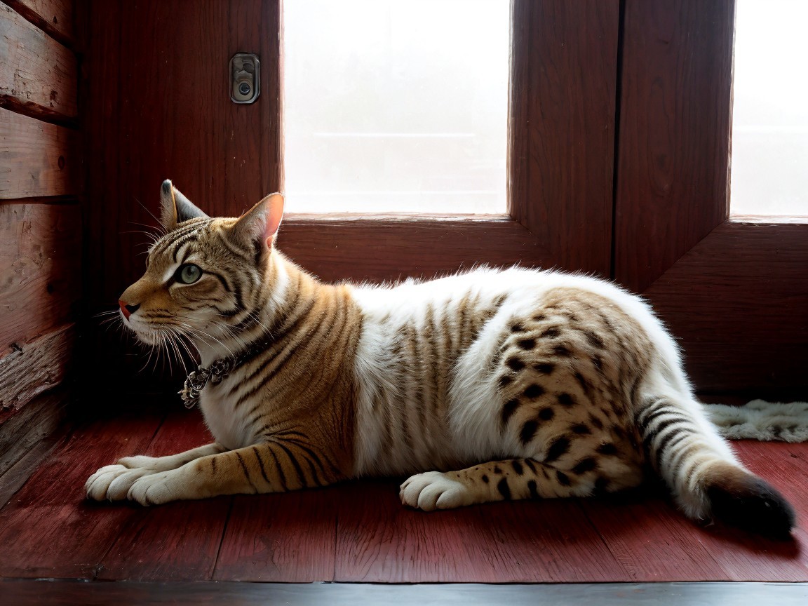 Tan and White Cat on Wooden Floor by Glass Door