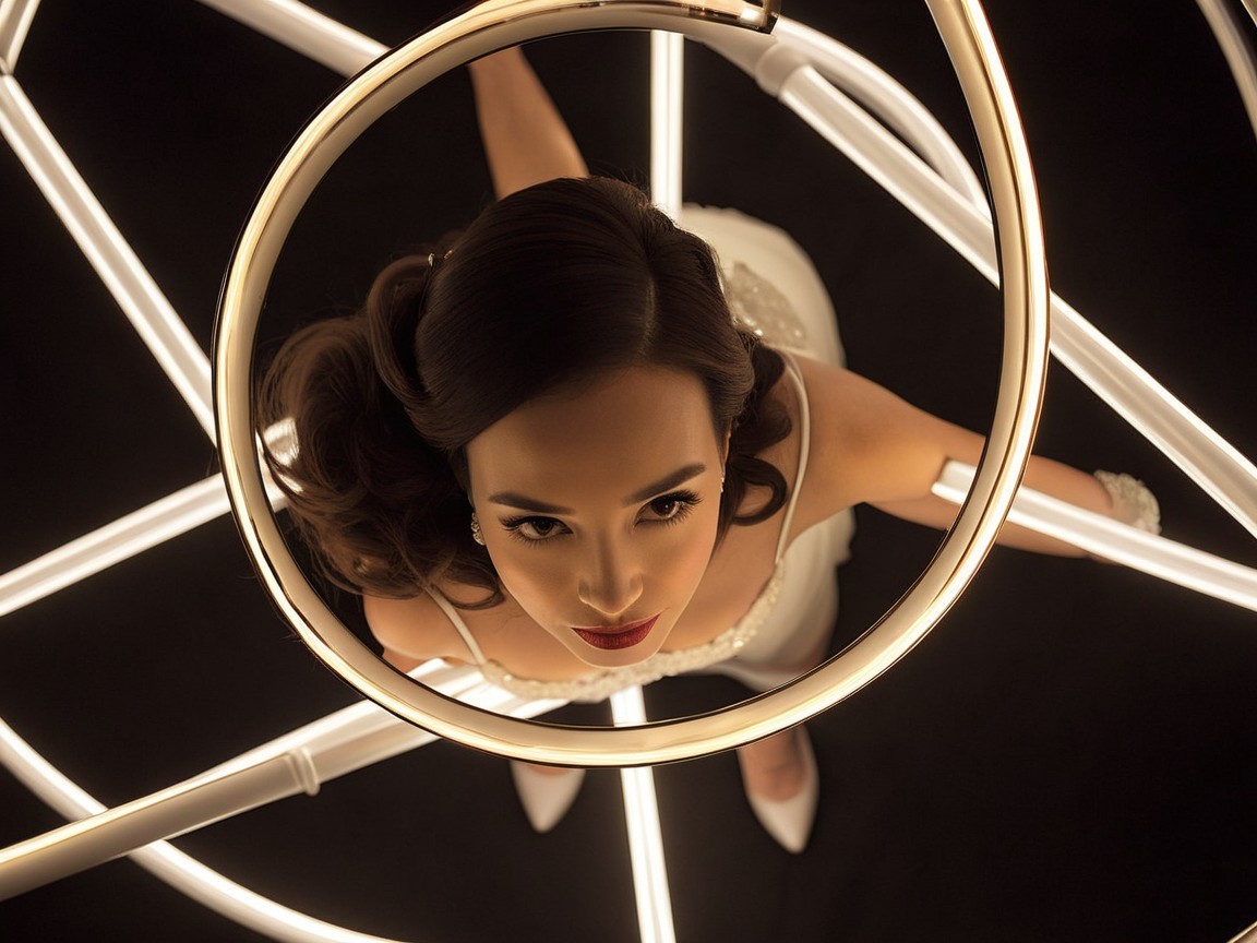 Elegant Woman in White Dress Surrounded by Lights