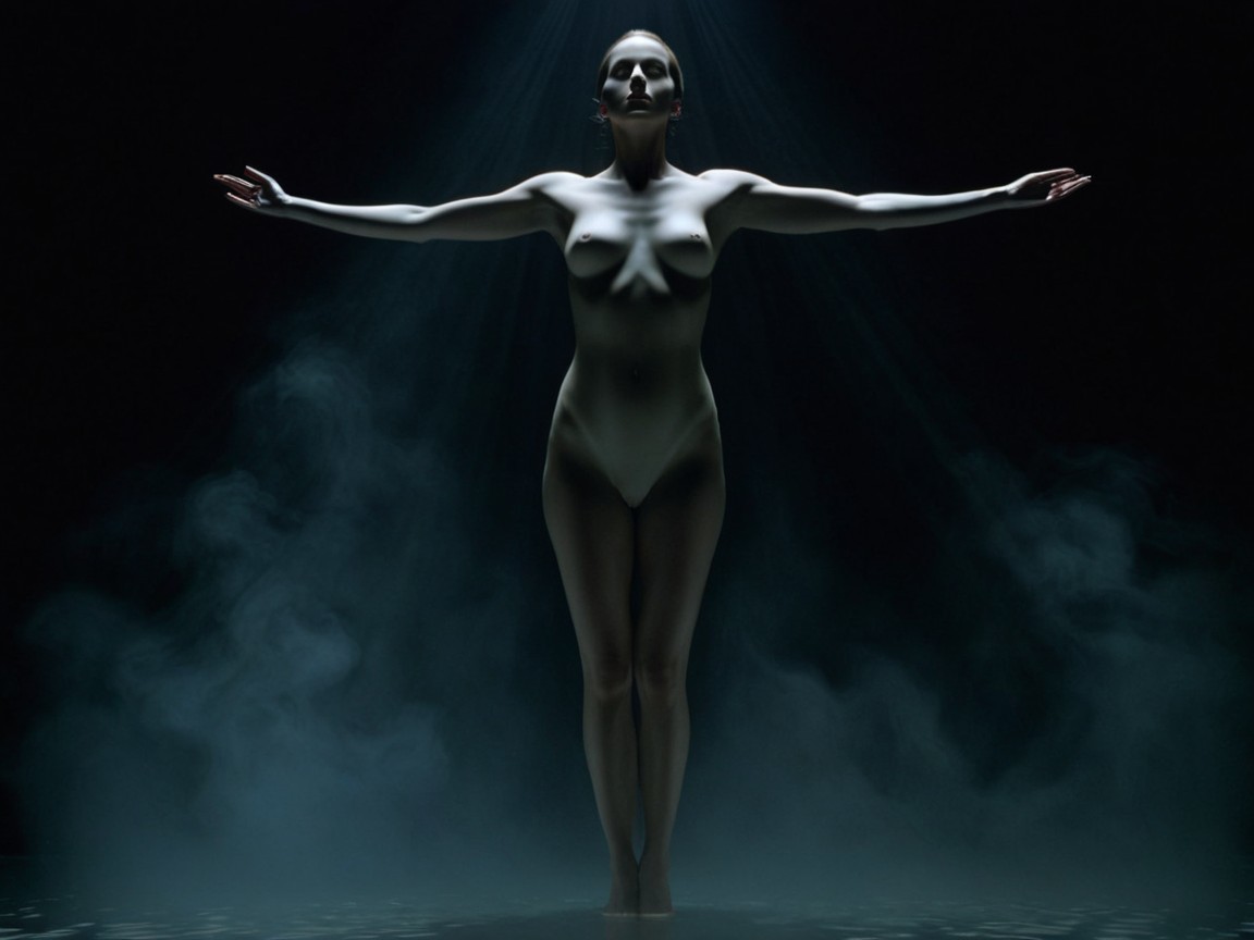 Woman in Dark Ethereal Environment with Glowing Light