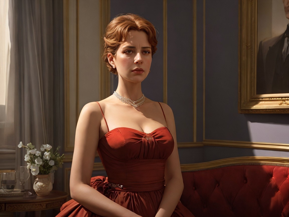Elegant Woman in Luxurious Room with Red Dress