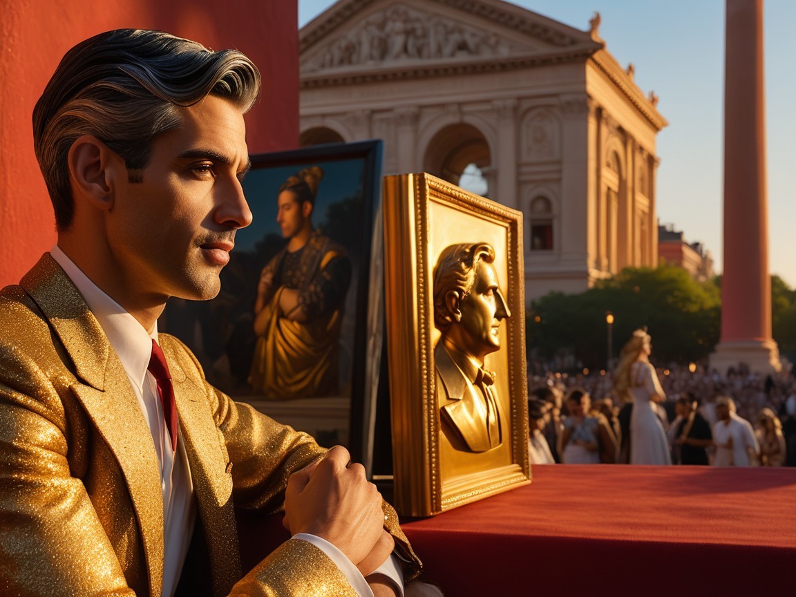 Elegant Figure in Gold Suit with Bust and Sunset Background