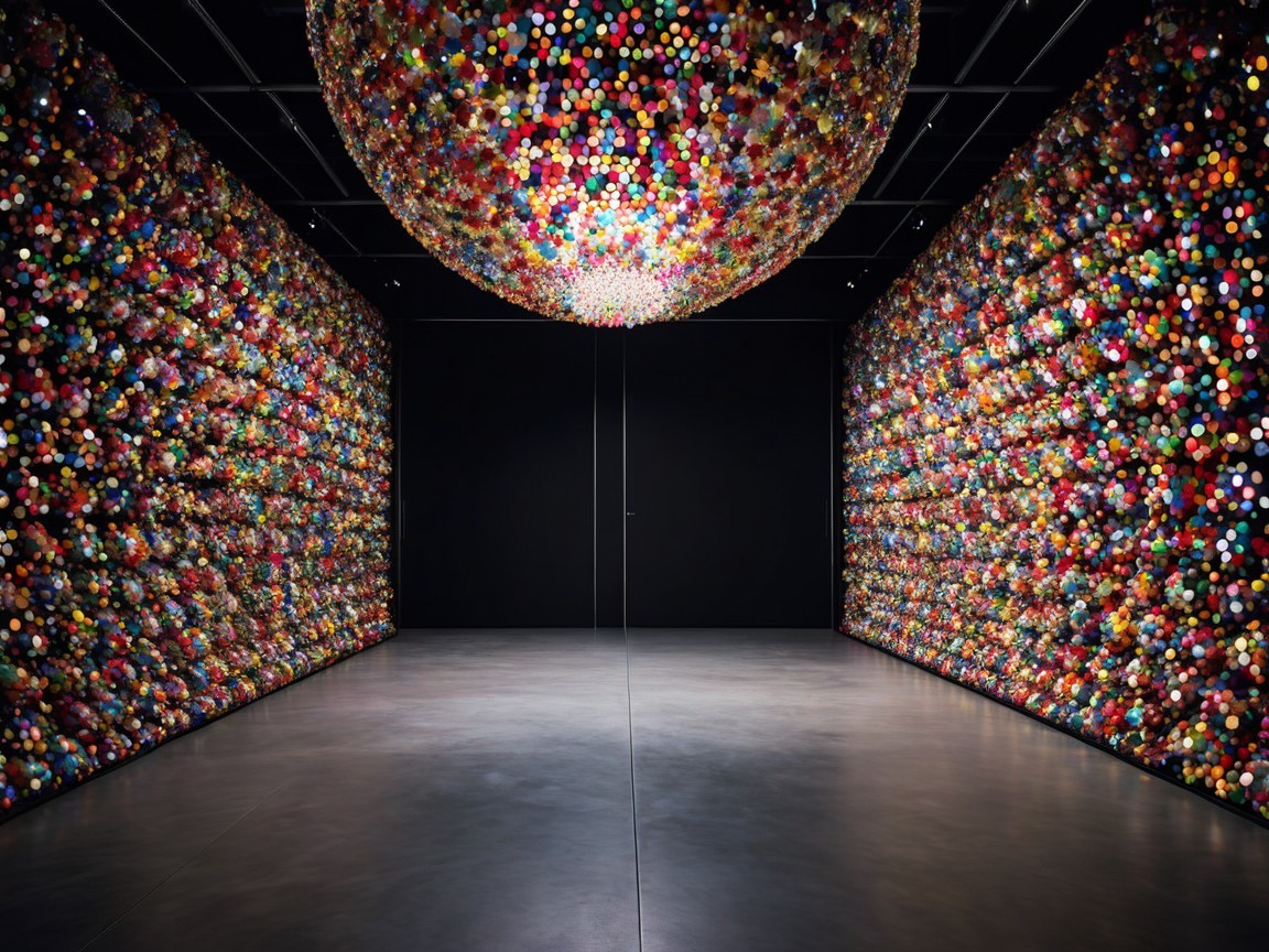 Colorful Sphere Art Installation in Dimly Lit Room