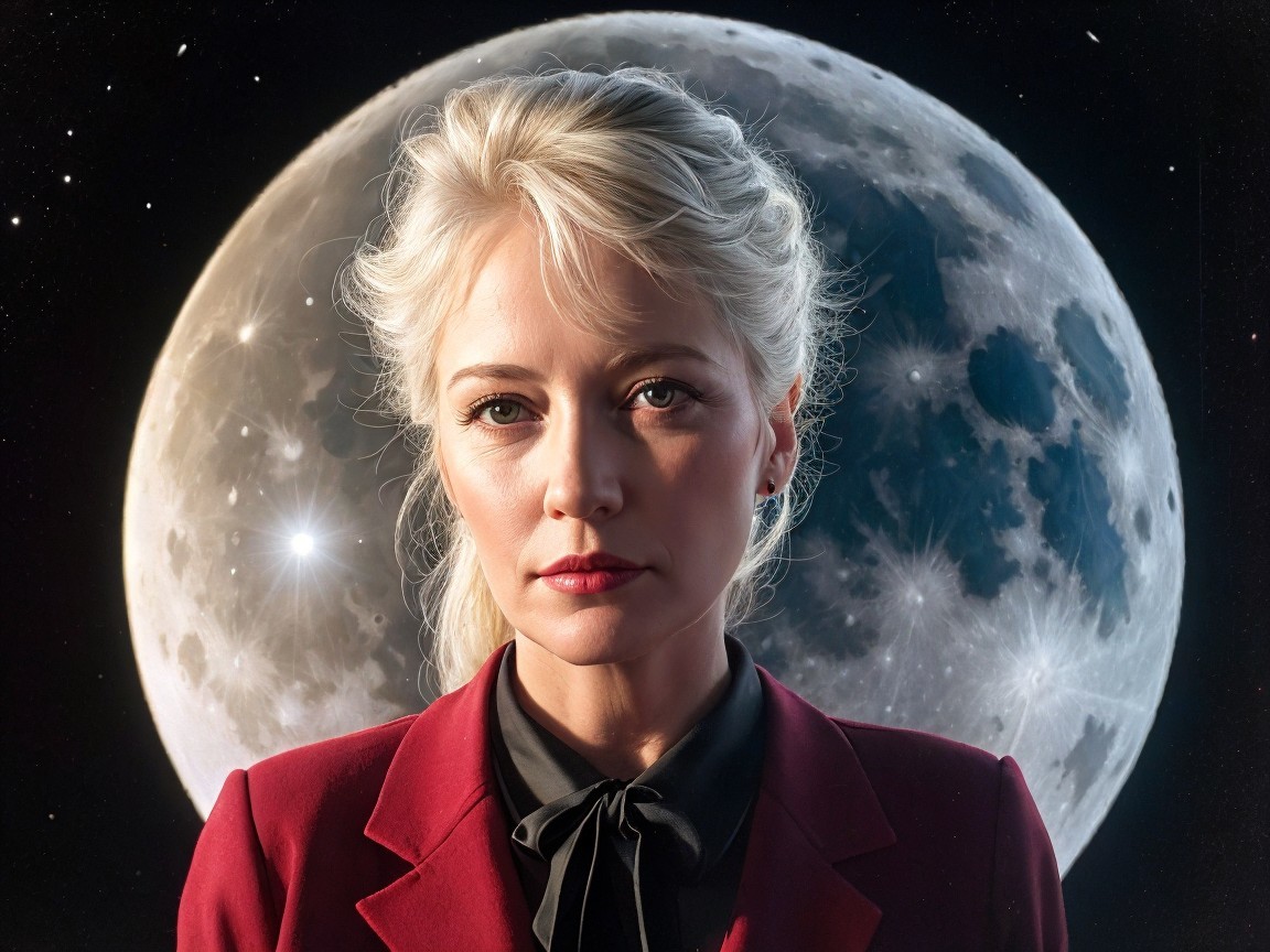 Confident Woman in Red Suit Under Full Moon Glow