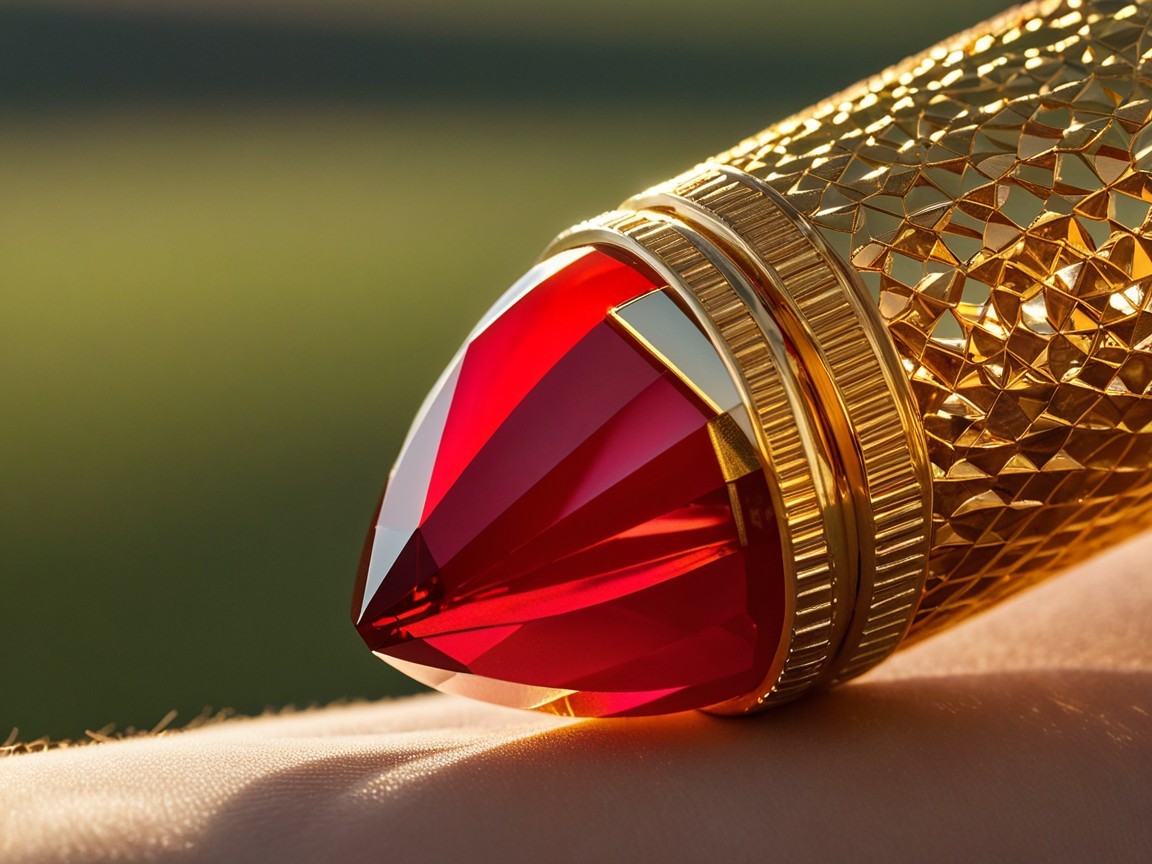 Luxurious gold pen with red gemstone and geometric design