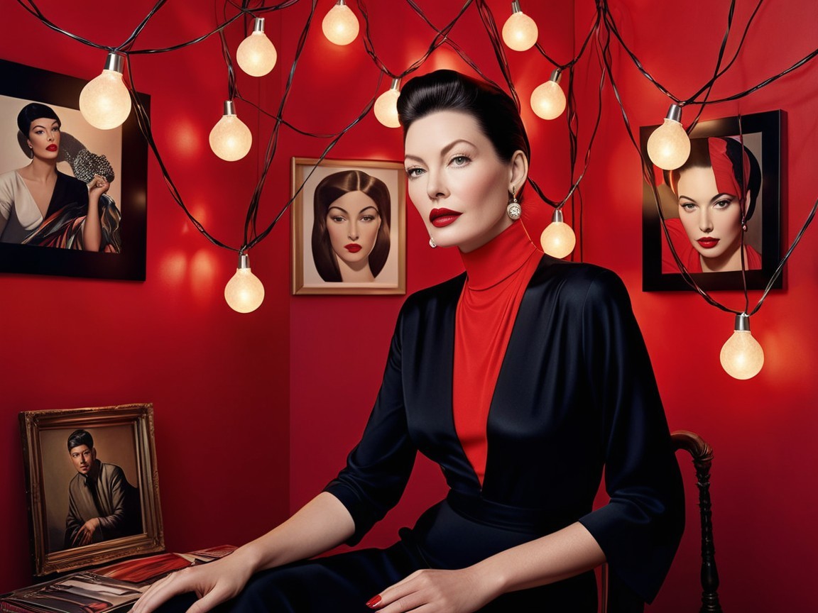 Glamorous Woman in Black and Red Against Red Backdrop