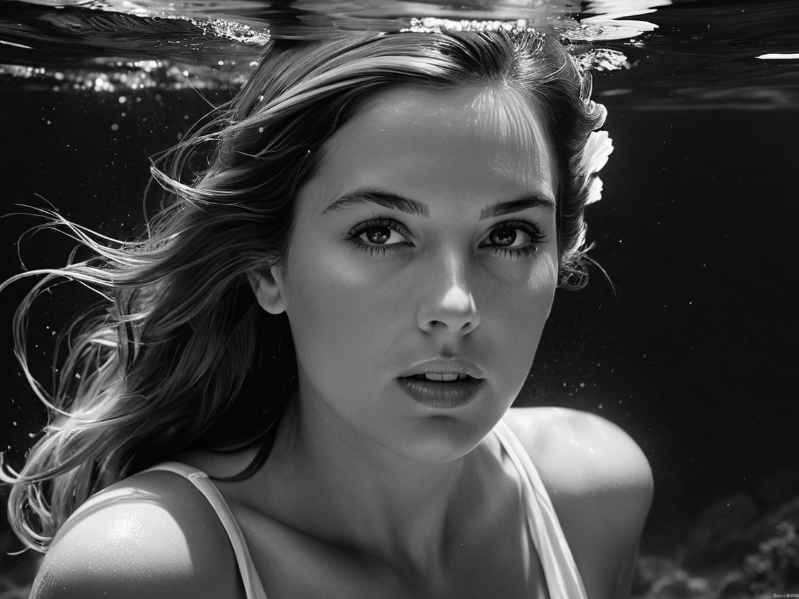 Black-and-white underwater portrait of a young woman