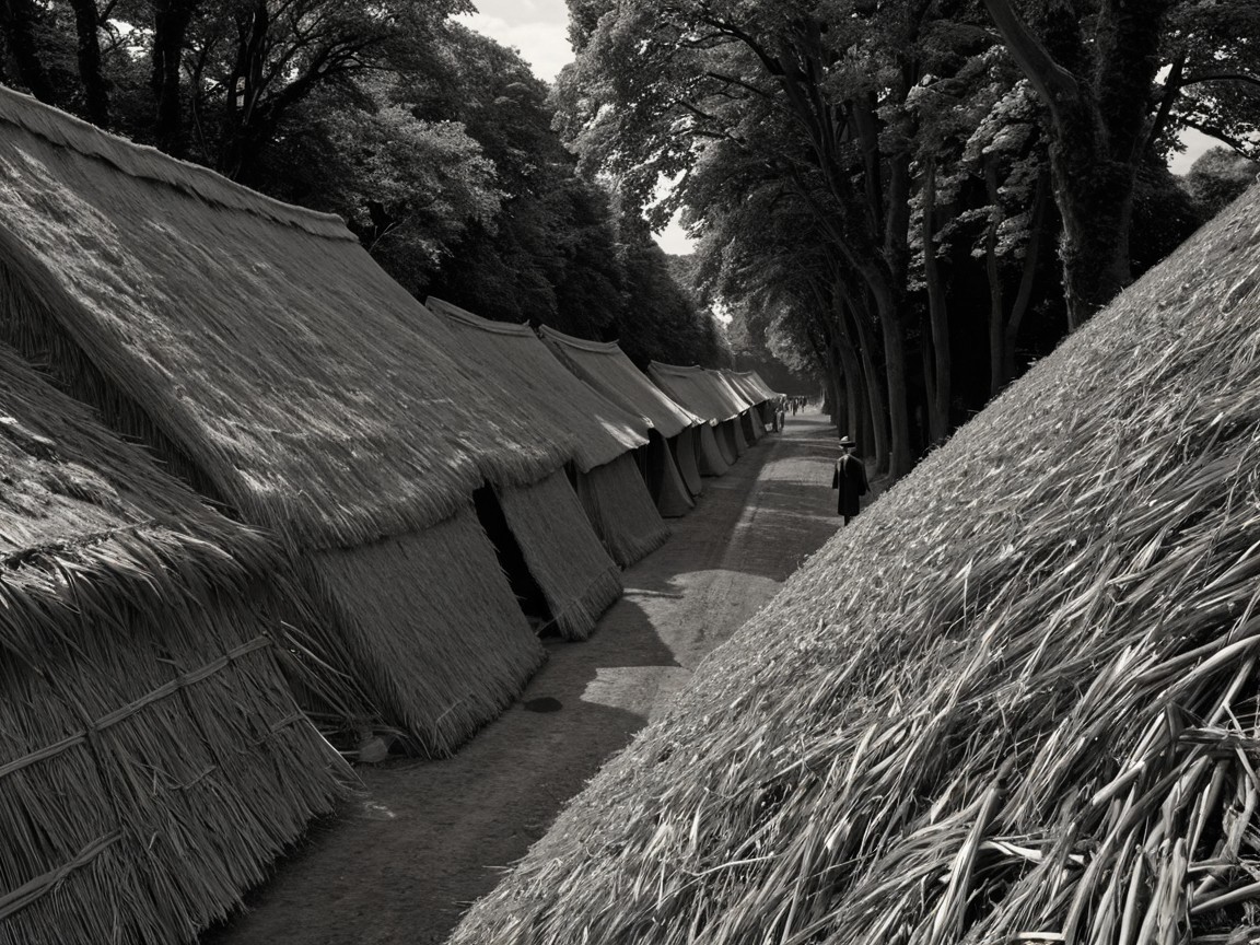Traditional Thatched Huts in Black and White Scene