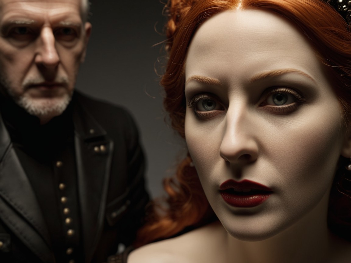 Striking Red-Haired Woman and Stern Man in Dark Attire