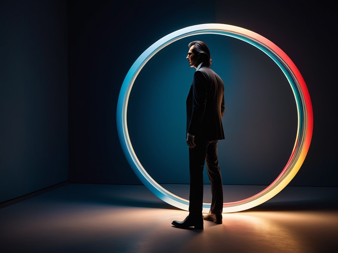 Man in Black Suit Beside Vibrant Light Installation