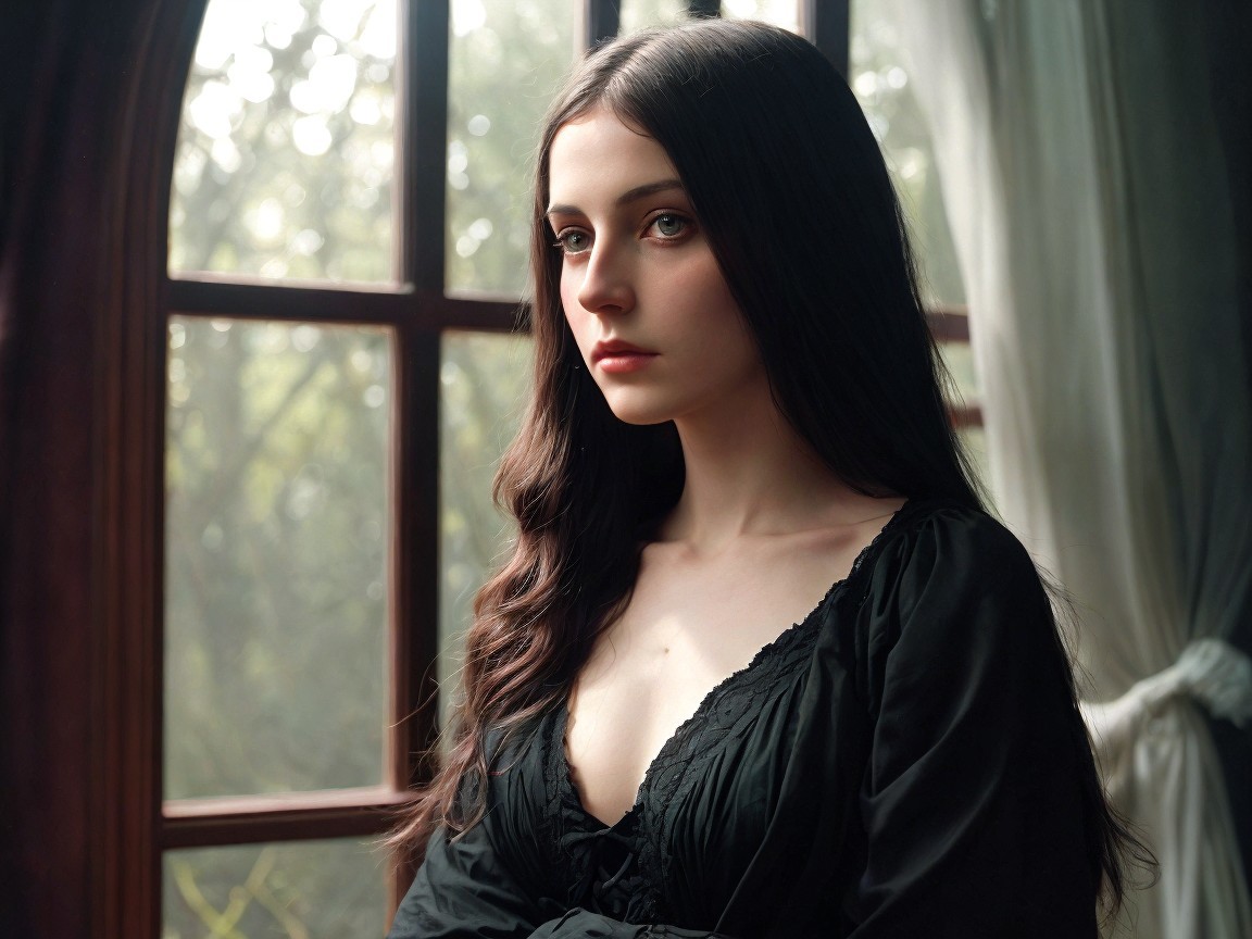 Young woman gazing out window with serene backdrop