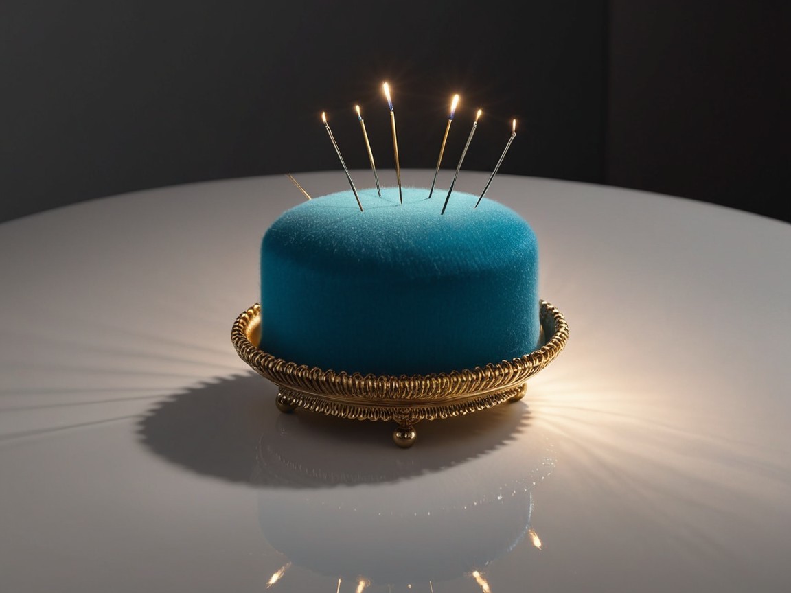 Vibrant blue cake on ornate gold stand with candles
