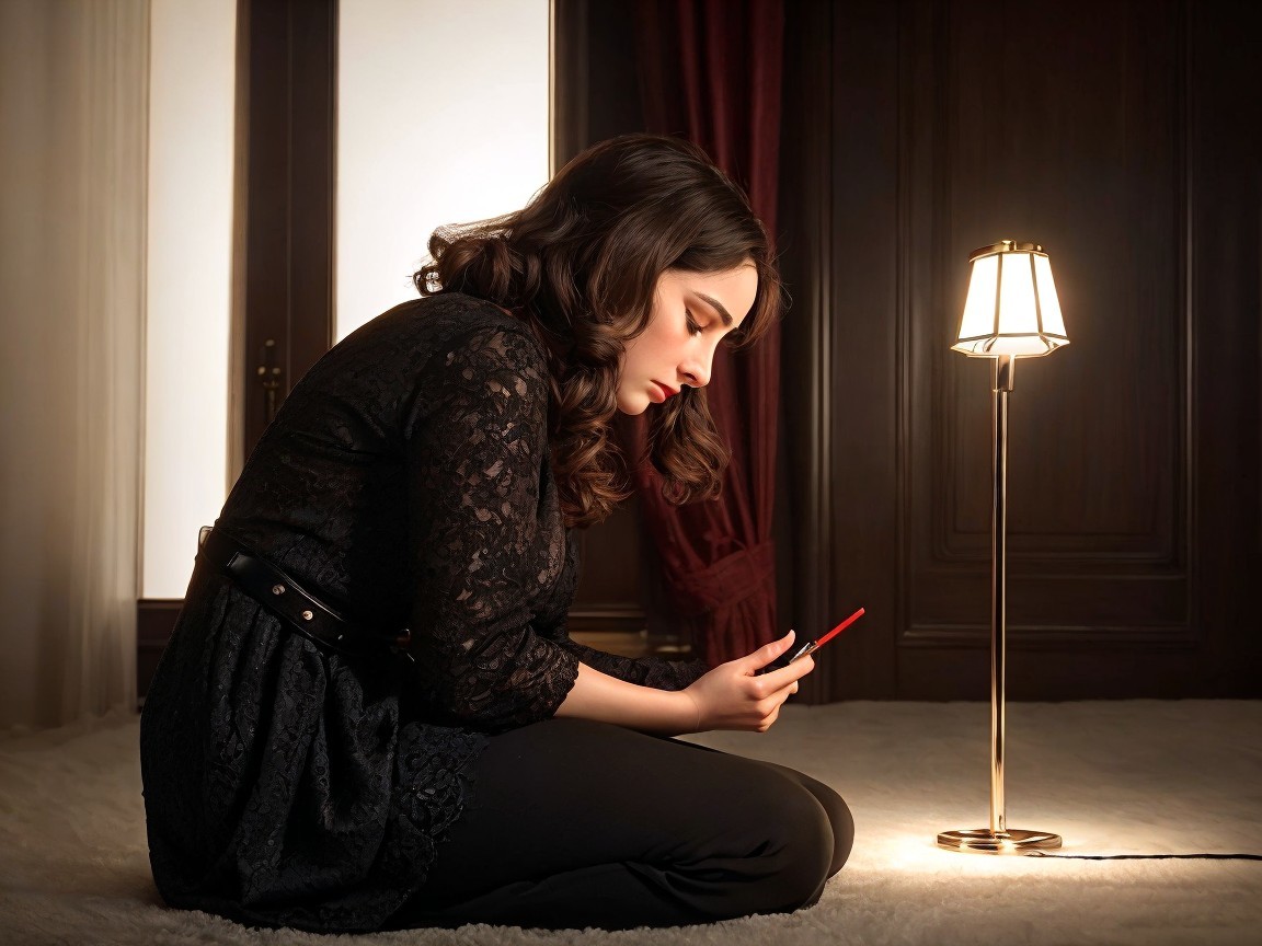 Young woman in lace top using phone in dim room