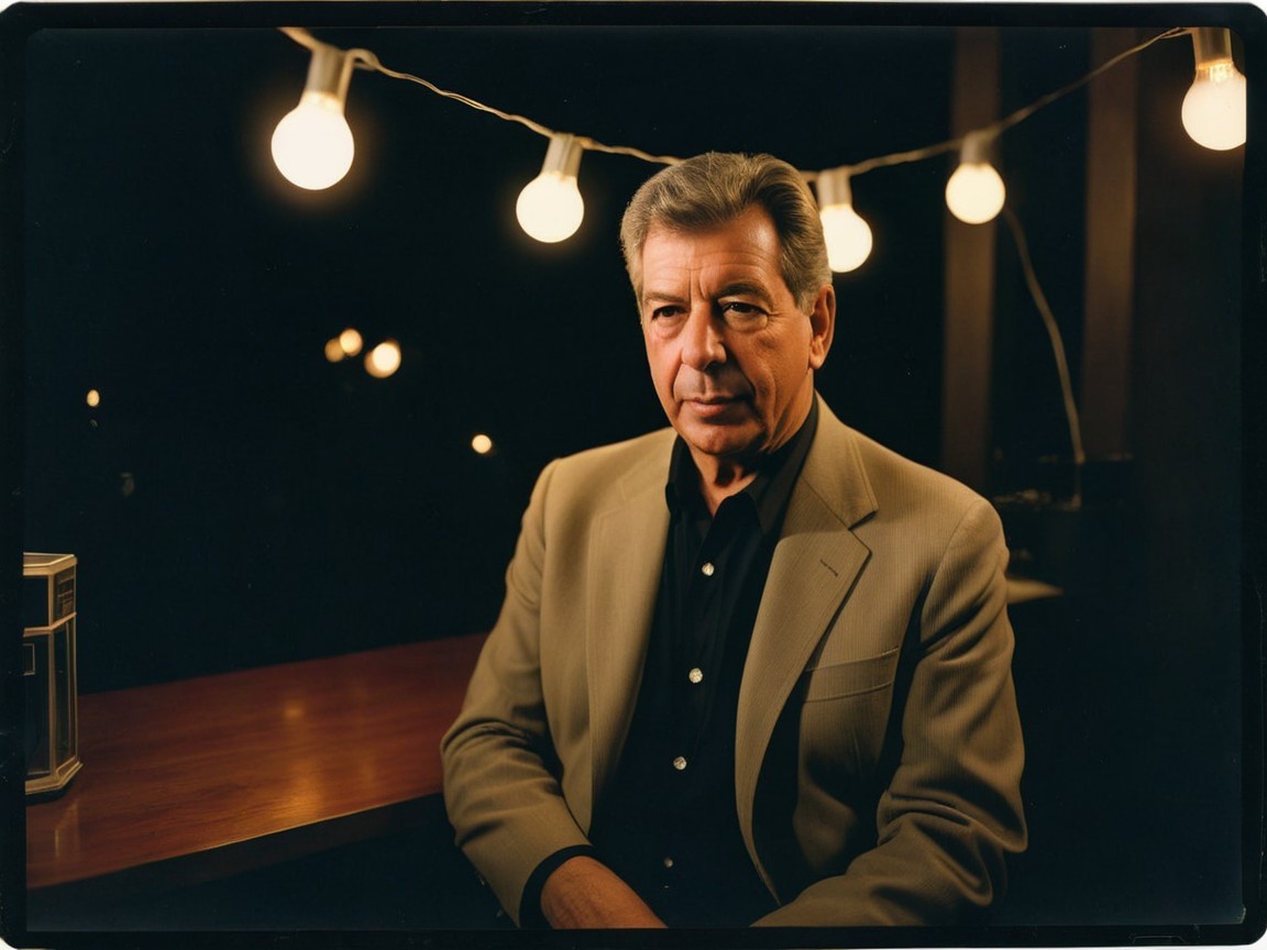 Confident Man in Beige Blazer Under Warm Lights