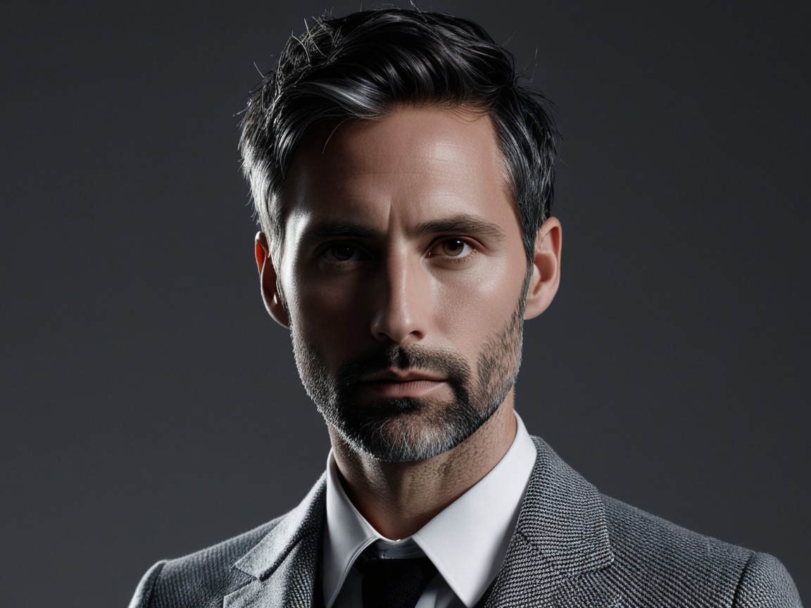 Portrait of a man in tailored gray suit with beard