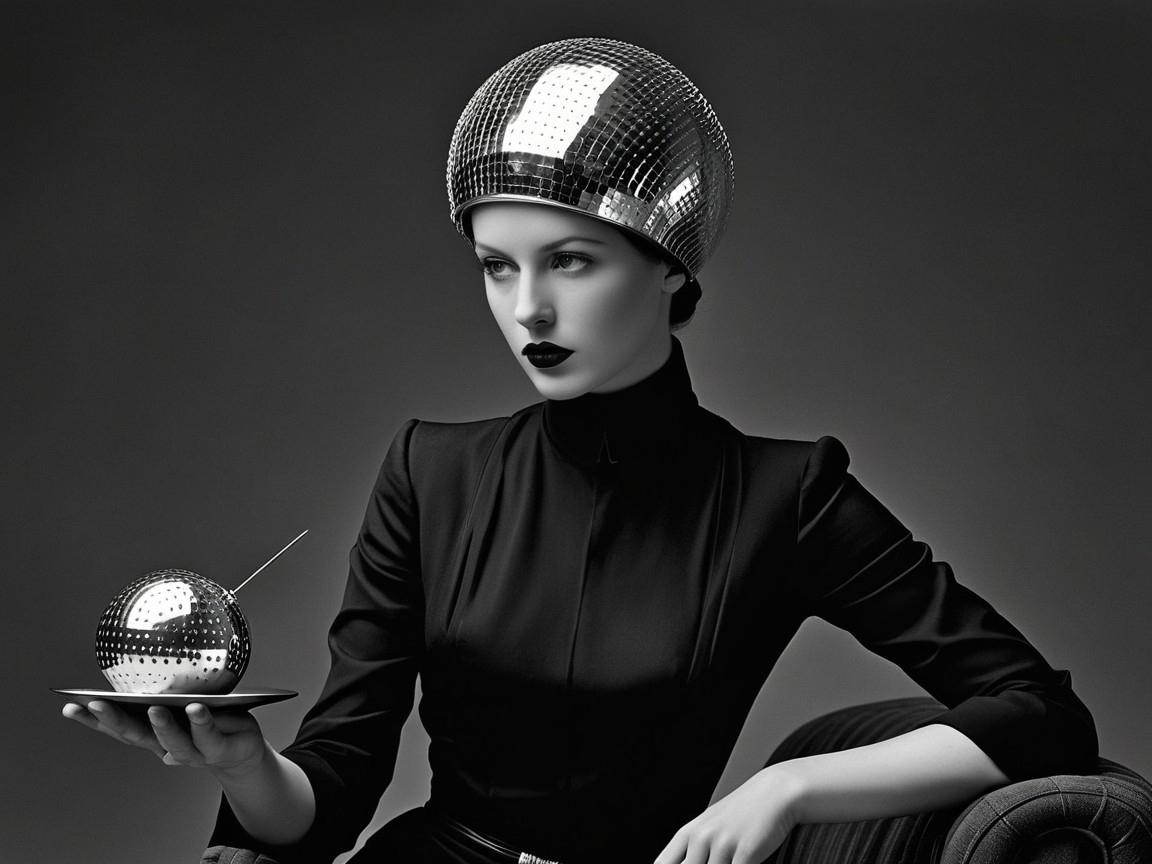Futuristic Black-and-White Image with Disco Ball Headdress