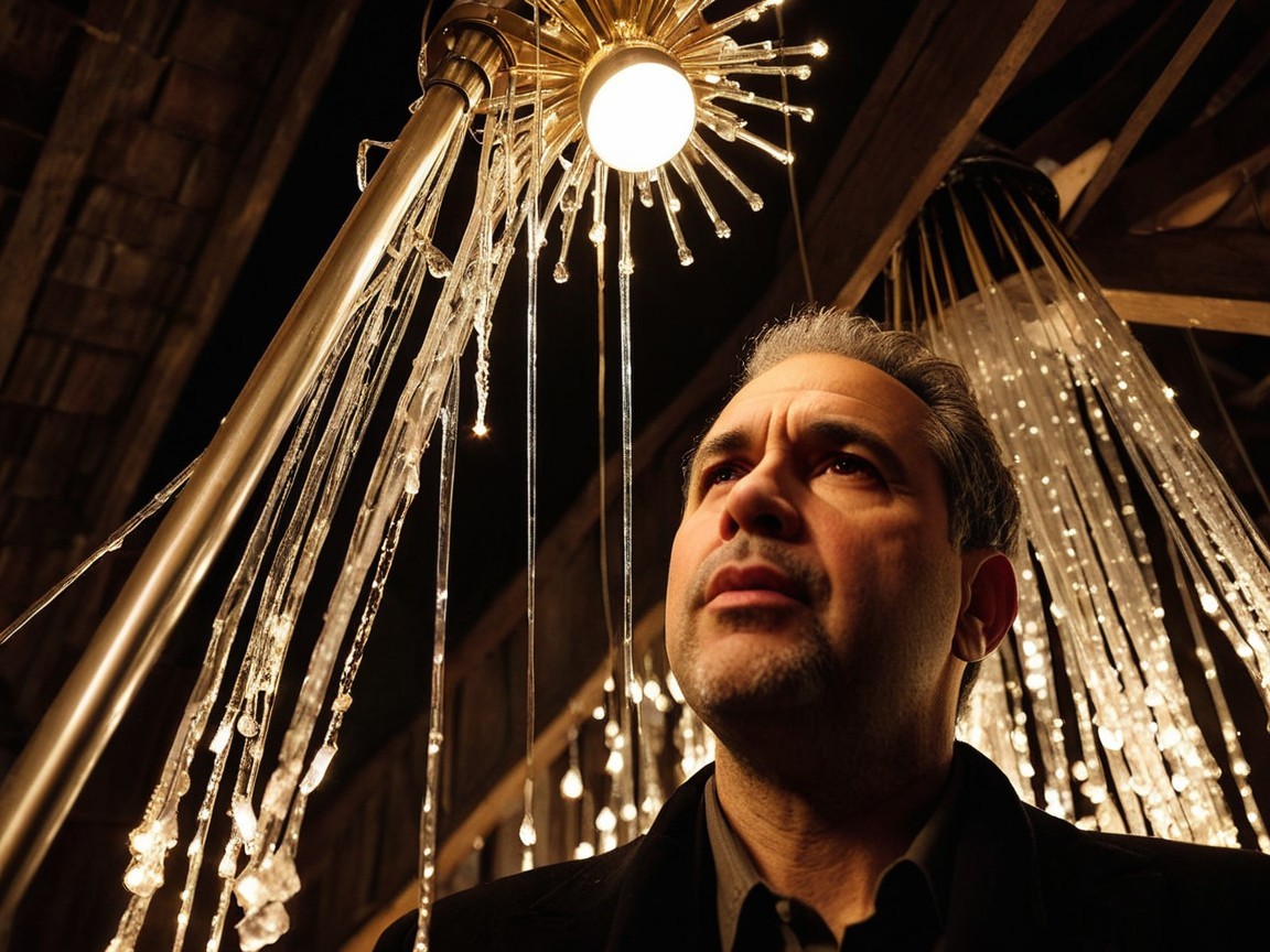 Man in Contemplation Under Starburst Light Fixture