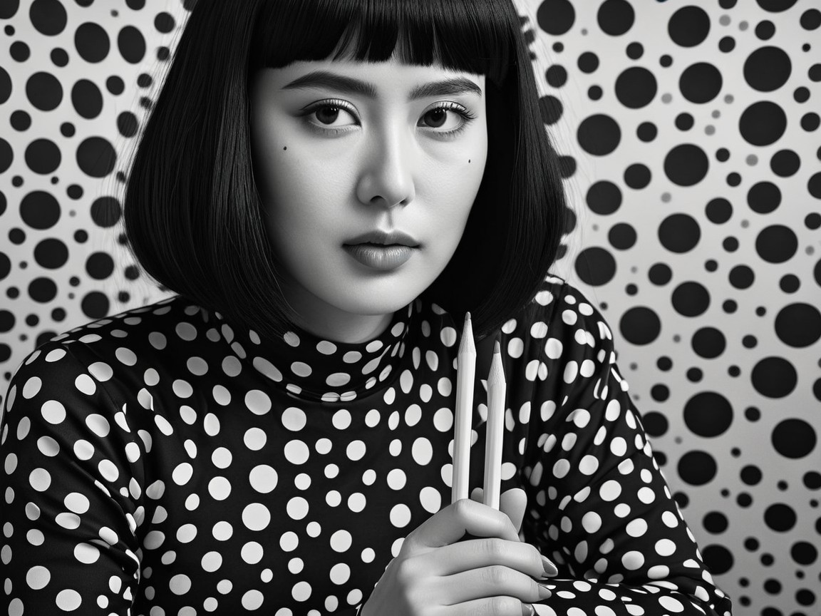 Black-and-white portrait of woman in dotted turtleneck