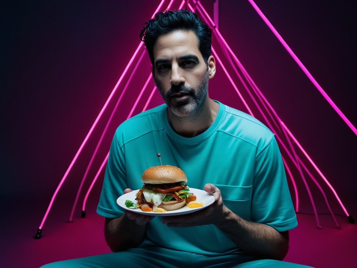 Man in Mint-Green Outfit with Colorful Burger Plate