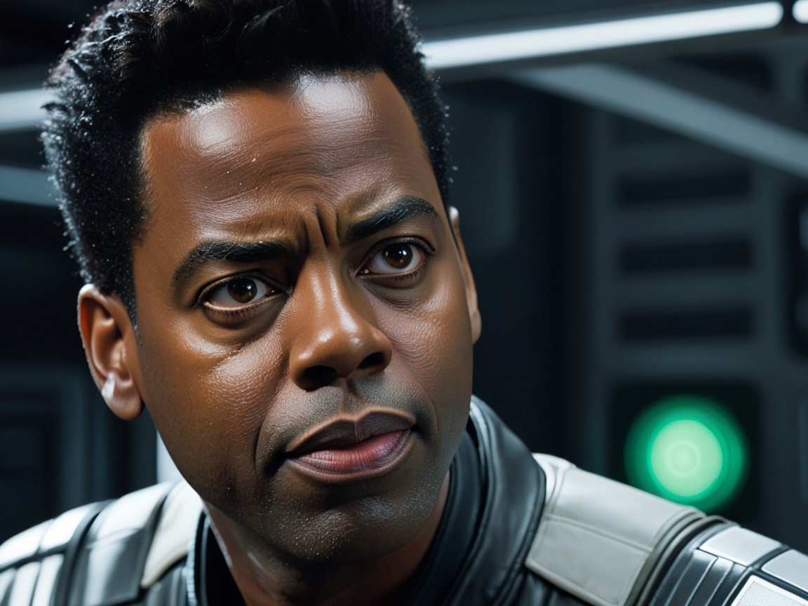 Close-up of a man in a futuristic outfit and setting