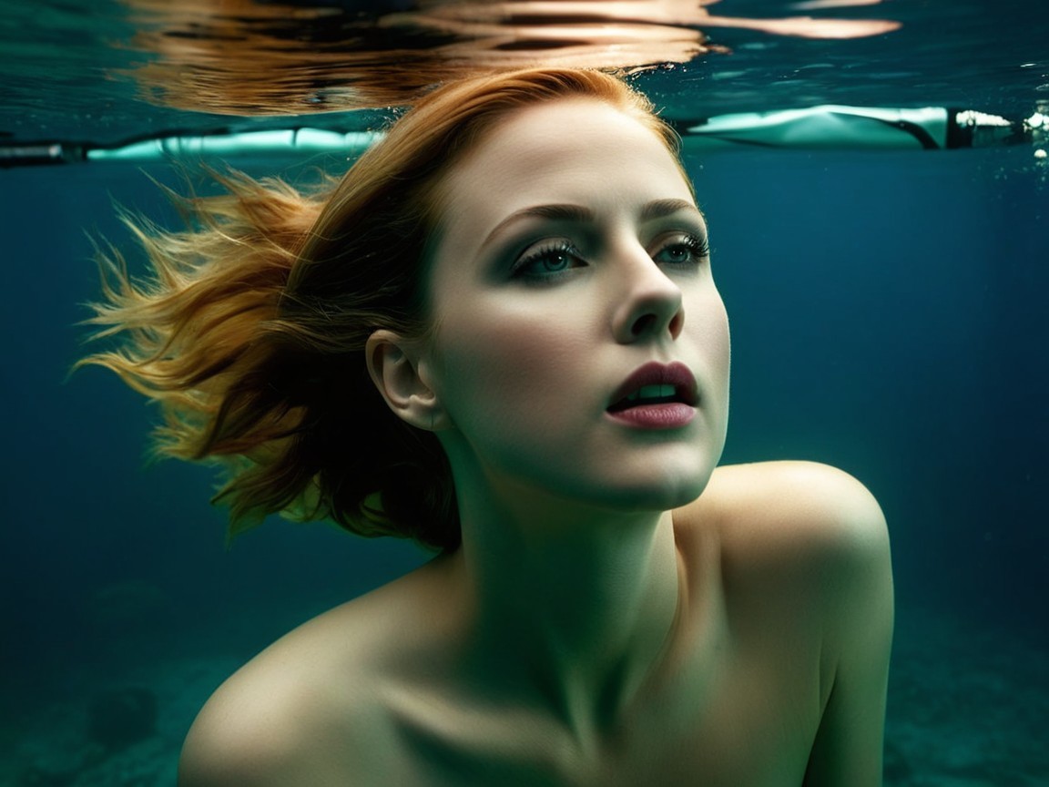 Woman in Water with Flowing Hair and Serene Atmosphere
