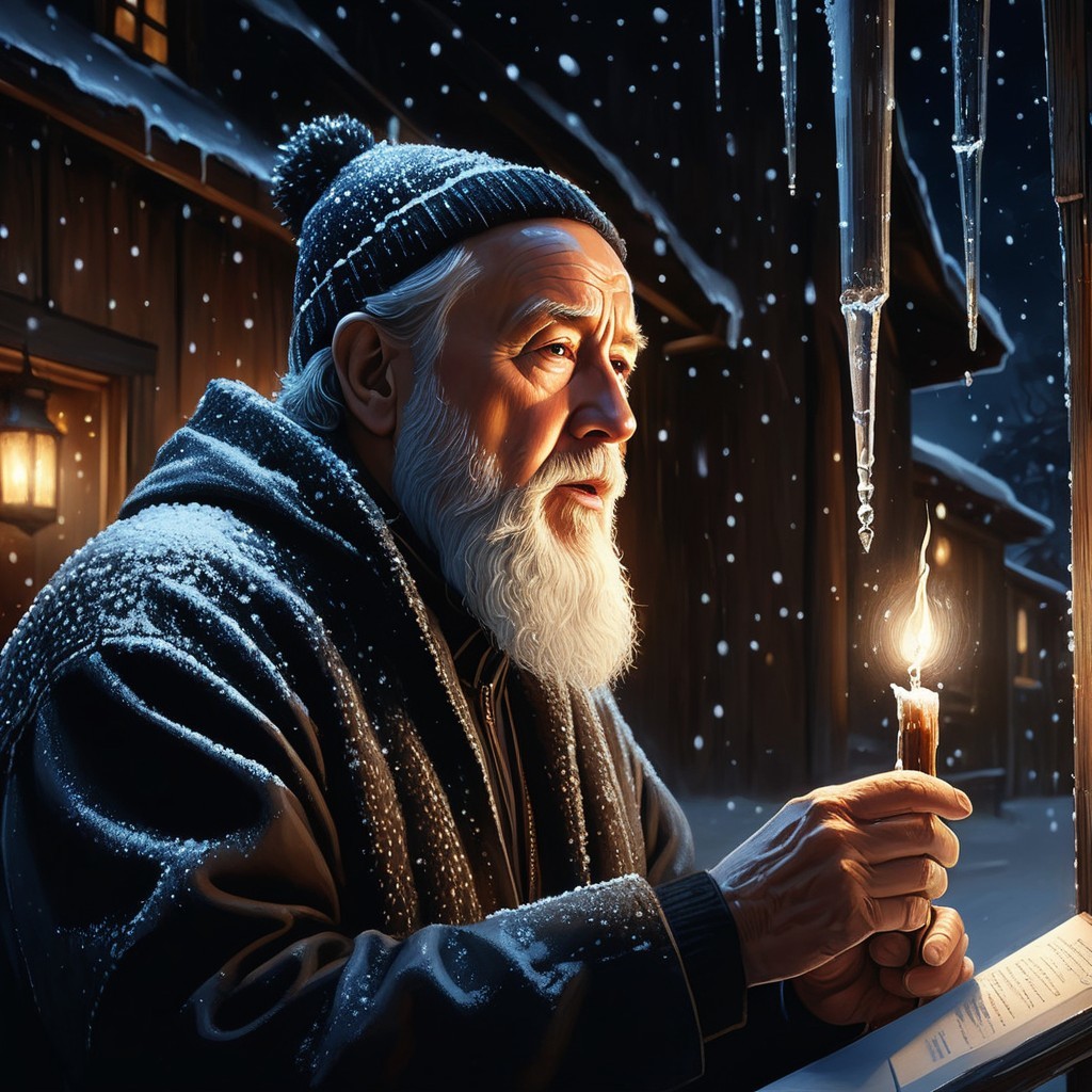Elderly Man Contemplating Candle in Snowy Setting
