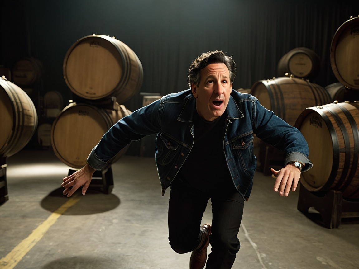 Man in Denim Jacket Running in Dramatic Warehouse Setting