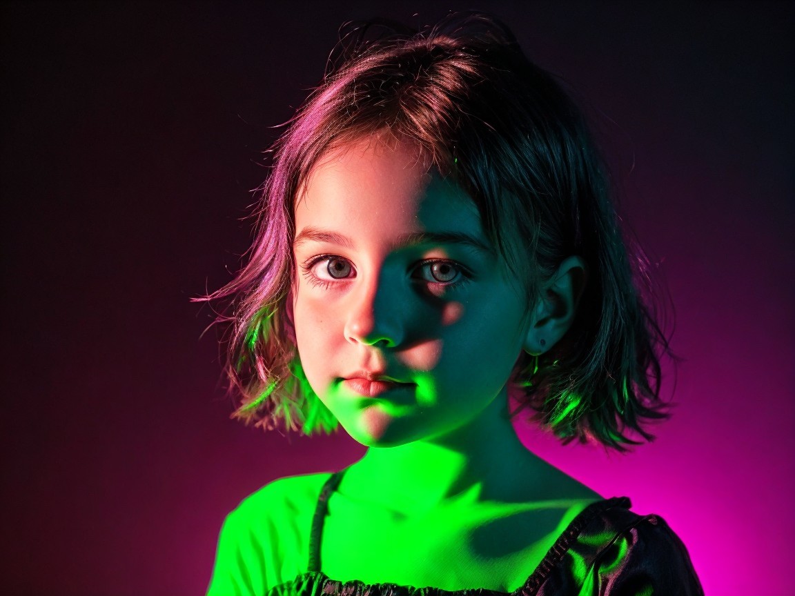 Young girl in artistic portrait with colorful lighting