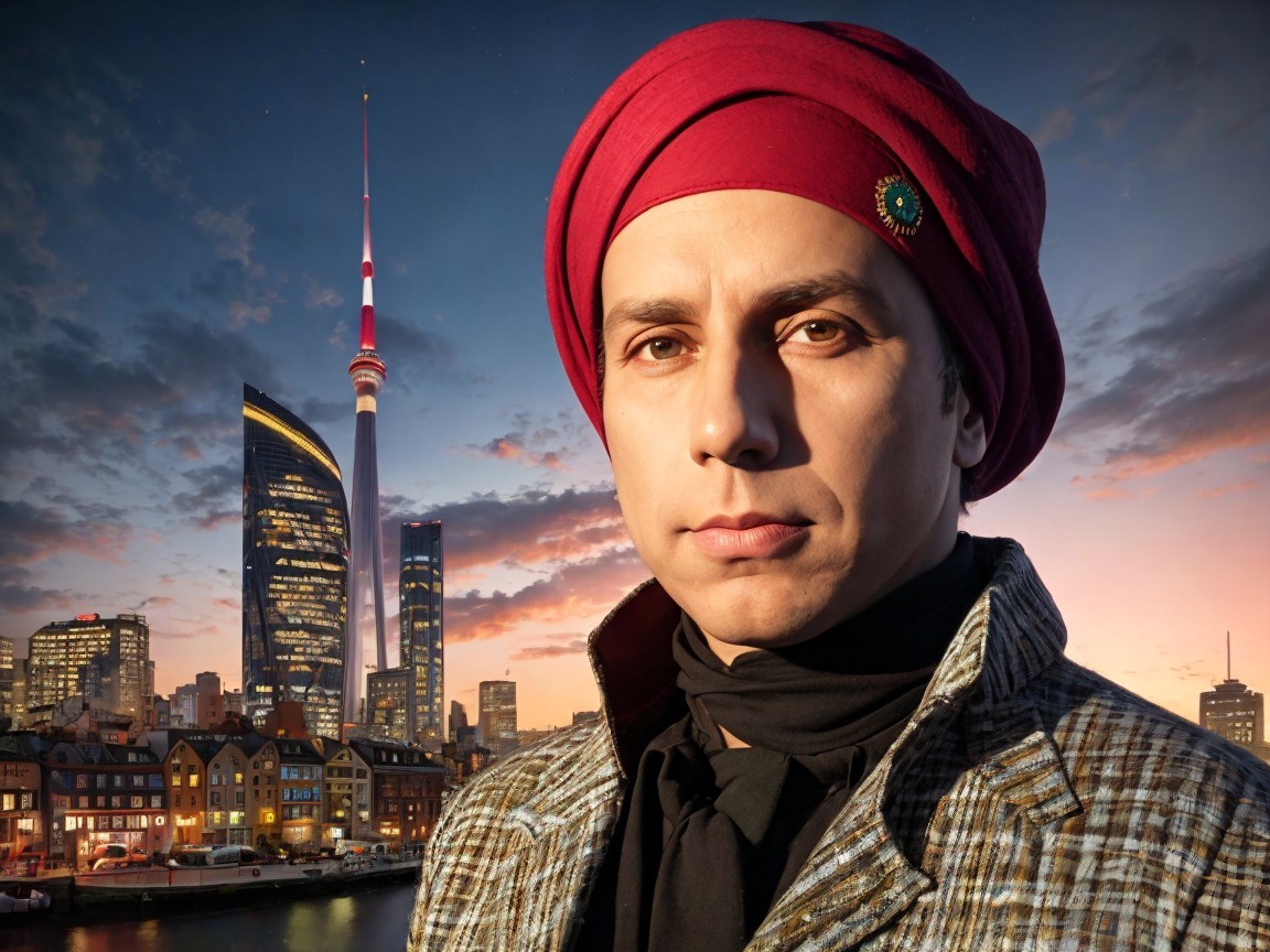 Man in Red Turban Against Vibrant Urban Skyline