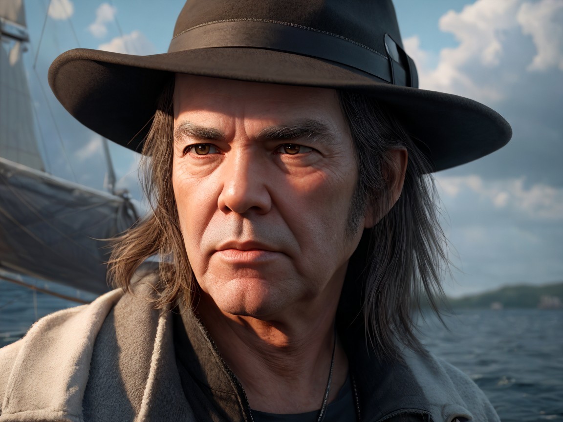 Middle-aged man in contemplative pose by water