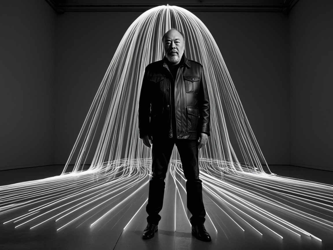 Man in Black Jacket Amidst Ethereal Light Beams